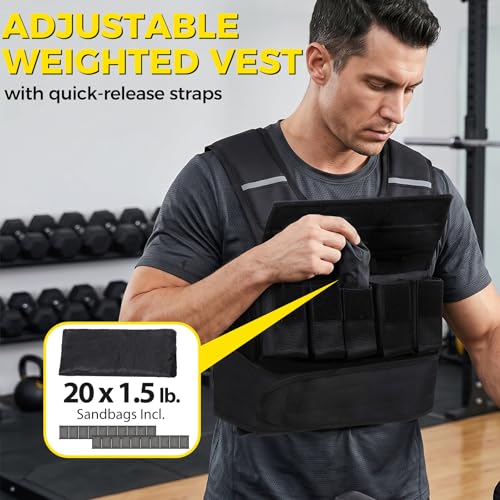 F2C Adjustable Weighted Vest 30lb / 40lb / 60lb, Removable Sandbag Weight Vest for Men Women, Running Walking Rucking, Strength & Fitness Training Vest with Reflective Strips - size: 30 lbs