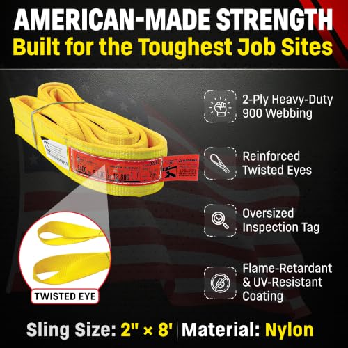 DD Sling (USA Made). 2" wide X (4' to 20' lengths) in Listing! 2 Ply Twisted Eye, Nylon Lifting Slings, Eye & Eye, Heavy Duty (900 webbing), 6,400 lbs Vertical, 5,100 Choker, 12,800 Basket Load Capacity (2inX8ft) - size: 2inX8ft