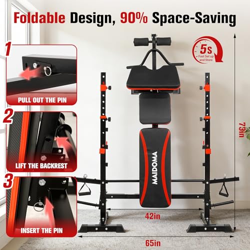 MAIDOMA Foldable 1500LBS 8 IN 1 Olympic Weight Bench Set with Squat Rack, Leg Extension/Curl & Preacher Curl, Adjustable Bench Press Set with Safety Bar Catches for Home Gym Full Body Workout