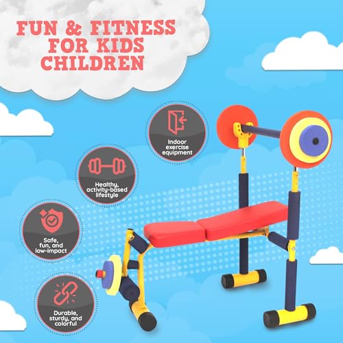 Redmon Fun & Fitness for Kids Adjustable Weight Bench Press Set w/ Barbell & Foam Weights | Barbell & Foam Weights