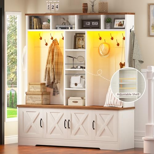 CSZZD Hall Tree with Bench and Shoe Storage, Farmhouse Entryway Bench with Coat Racks and Led Lights, Large Hall Tree with 12 Coat Hooks, 8 Storage Cubbies, Adjustable Shelf - color: Antique White, size: 59.1"