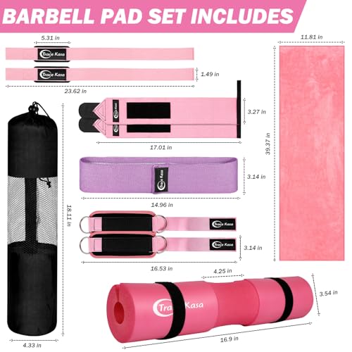 Barbell Pad Set: 10 PCS Gym Equipment Accessories | Squats Hip Thrusts Pad Ankle Straps for Cable Machines Women Men Hip Resistance Band Weight Lifting Straps Wrist Wraps - color: Pink