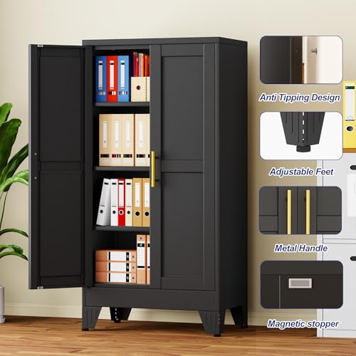 Metal Storage Cabinet with 2 Doors and 3 Adjustable Shelves - 47.2" Steel File Cabinet,Tool Cabinets for Office,Home,Garage,Gym,School,Bathroom,Kitchen(Black) - color: Black, size: 47.2H