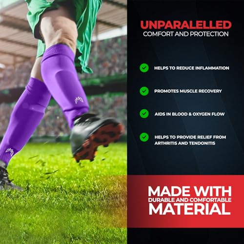 MediCaptain Pre Cut Soccer Sock Sleeves, Companion for Soccer Grip Socks, Securely Holds Shin Guards, Compression Leg Warmer - color: Purple