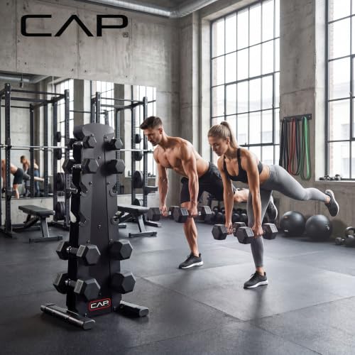 CAP Rubber Coated Hex Dumbbell Set with Storage Rack | 100–210 lb Options, Space-Saving Vertical Compact Storage for Home Gym Strength Training - size: 210 lb - Set - Black Rack, style: Comfort Handle