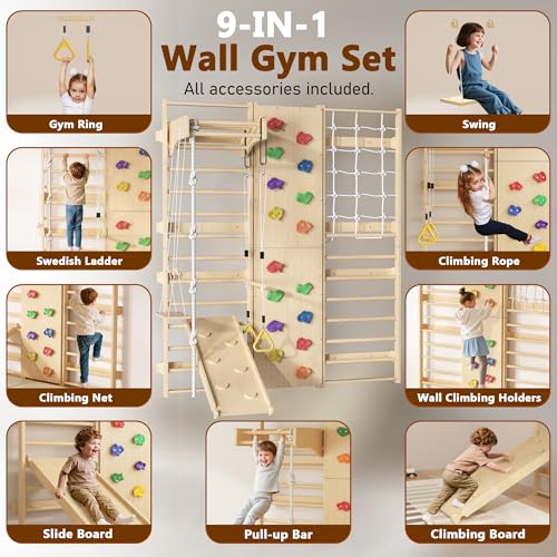 Cofiyard 9-in-1 Swedish Ladder Wall Gym & Climber, 94.5'' Wooden Wall-Mounted Climbing Set with Double-Sided Slide, Swing, Rope, Rings, Monkey Bars, Kids Indoor Playset, Wooden Climbing Jungle Gym