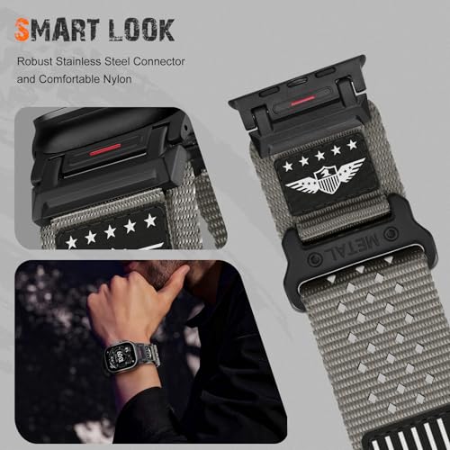 Rugged Nylon Band for Apple Watch Ultra 3/2/1 Series 11 10 9 8 7 6 5 4 SE/3/2/1 for Men,Breathable Stars-Stripes Flag Wristband Workout Athletic Strap for iWatch Ultra Bands 49mm 46mm 45mm 44mm 42mm - color: 05-Gray-Metal adapter, size: 49/46/45/44/42MM(S