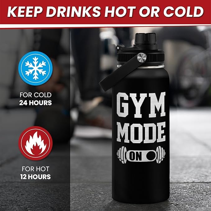 SANDJEST Gym Insulated Engraved Stainless Steel Water Bottle 32oz, Vacuum Chug Lid Travel Tumbler For Men Friends Dad Gymer Trainer, Gym Mode on, Birthday Christmas Father's Day - color: Gym