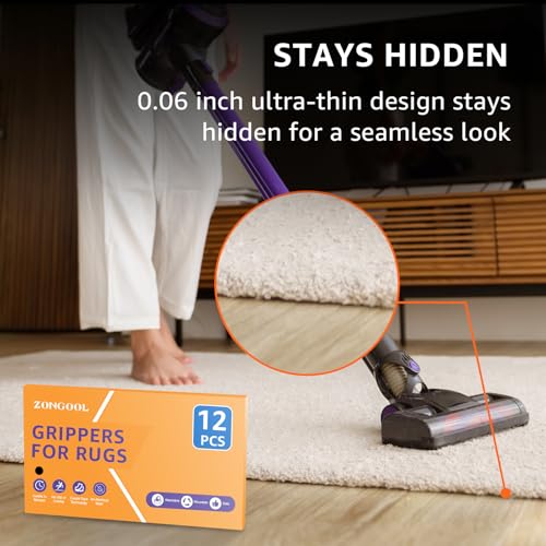 ZONGOOL 12Pcs Rug Tape Gripper No Floor Damage Double Sided Non Slip Carpet | Reusable Washable Grippers No Residue Secure Rug Corners For Hardwood Tile&Laminate Floors Renter Safe Anti-Curl Rug Stickers - color: Black