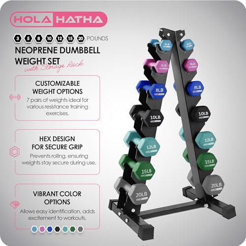 HolaHatha 1, 2 and 3 lb Neoprene Dumbbell Strength Training Weight Set with Rack - color: Blues, size: 146 LB