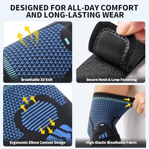 CAMBIVO 2 Pack Tennis Elbow Brace, Dual Gel Pad Compression Sleeve, Black | Adjustable Strap, Targeted Relief for Tendonitis, Golfer‘s Elbow, Breathable Knit, Daily Wear, Non-Slip Fit, for Men Women - color: Blue, size: Medium
