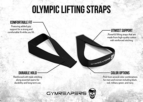 Gymreapers Olympic Lifting Straps for Weightlifting, Snatch, Clean, Powerlifting, Strongman, Deadlifts - Durable Cotton with Reinforced Stitching (Pair) - color: Black
