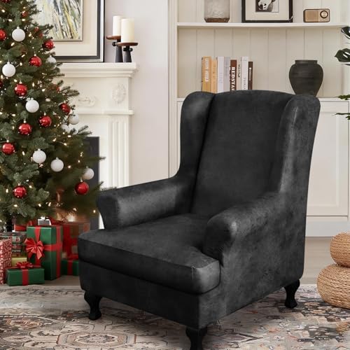 ANARACHON Leather Look Wingback Chair Covers, 2-Piece Wing Chair slipcover,Stretch Wing Back Armchair Slipcovers with Elastic Bottom, Soft Spandex Furniture Protector for Living Room (Dark Grey #2) - color: Dark Grey #2