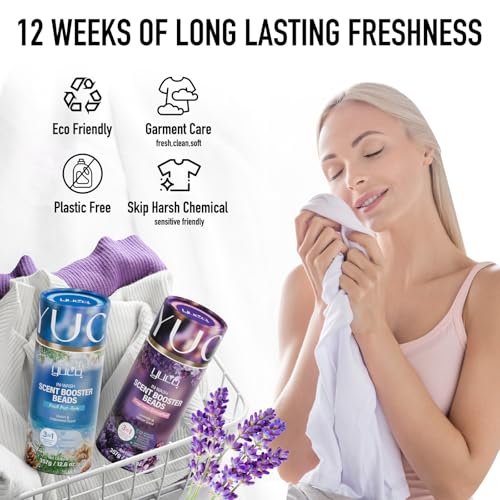 YUCO In-Wash Laundry Scent Booster Beads, Laundry Beads For Odor Protection, 2-in-1 Rose & Sandalwood Scent Beads, Long-Lasting Freshness Up to 12 Weeks, Eco‑Friendly & Safe, 12.6OZ