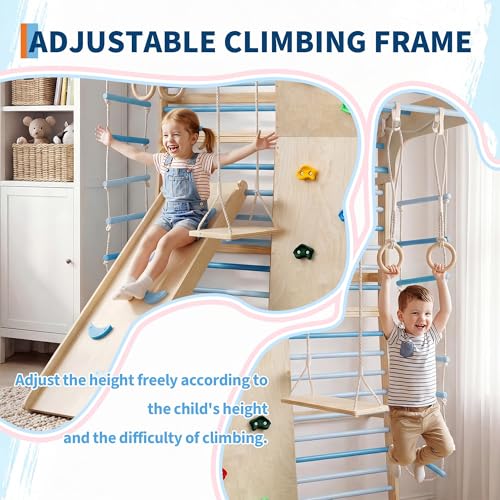 94.5 H 10-in-1 Swedish Ladder, Rock Climbing Wall for Kids and Adults with Slide, Swing, Gymnastic Rings, Rope Ladder, and Monkey Bar, Indoor Jungle Gym