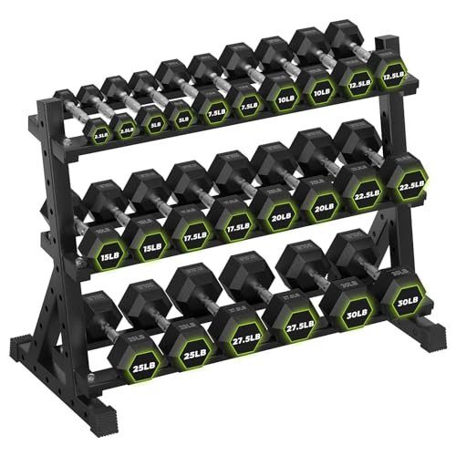 HANDBODE Dumbbell Set with 3-Tier Rack, 390-790 lb | Heavy Duty Weight Stand for Dumbbells, Space-Saving Metal Storage Organizer, Sturdy Dumbbell Holder for Home Gym - style: 390 lb Set (2.5-30 lb) *2 & Rack