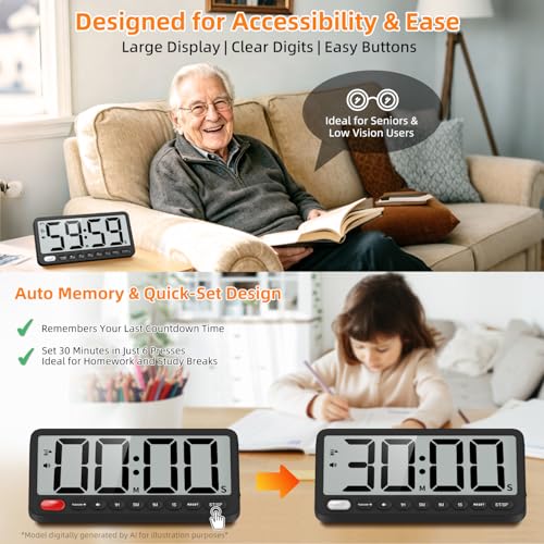 VOCOO Digital Kitchen Timer: 7.6'' Extra Large LCD Display, 99H Countdown, Magnetic, 4 Volume Levels, Visual Light Alert, Battery Operated Count-Up Stopwatch for Cooking, Home Gym, Classroom (Black)