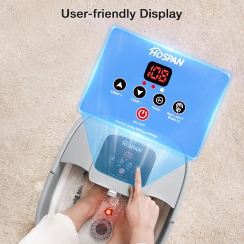 HOSPAN Collapsible Foot Spa with Heat, Bubble, Red Light, and Temperature Control, Foot Bath Massager with 8 Shiatsu Massage Rollers, Pedicure Foot Spa for Relaxation and Stress Relief - color: Gray