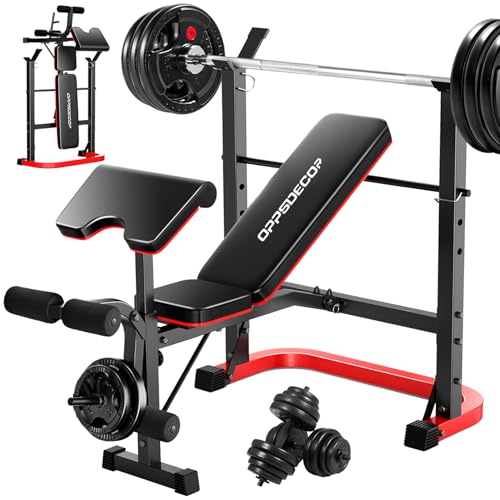 OPPSDECOR 6 in 1 Weight Bench Set with Leg Extension and Leg Curl, 660 LBS Adjustable Bench Press Set with Preacher Curl Pad, Foldable Workout Bench for Home Gym, Strength Training for Teens/Adults - color: Scarlet