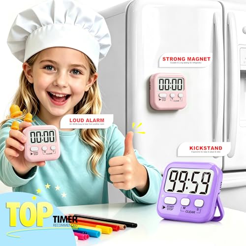 Antonki 2 Pack Digital Timer for Kids, Magnetic Countdown Kitchen Timers for Cooking, Egg, Classroom, Teacher, Exercise, Study, Oven - Battery Included - color: 2 * Pink + Purple