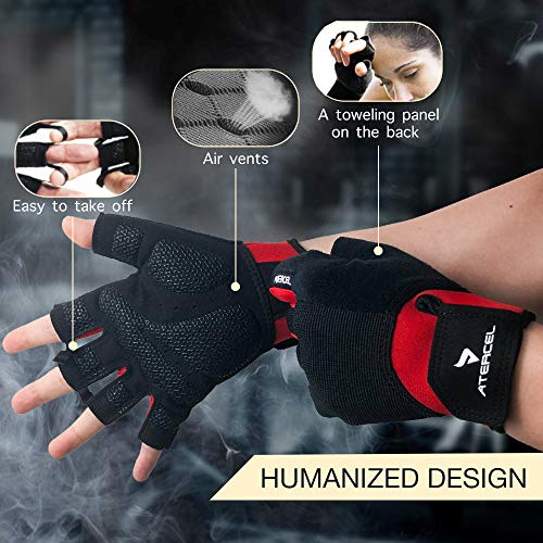 ATERCEL Workout Gloves for Men and Women, Exercise Gloves for Weight Lifting, Cycling, Gym, Training, Breathable and Snug fit - color: Red, size: Large