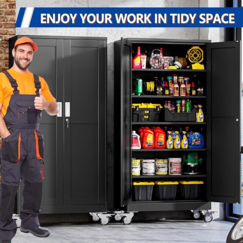 GAIOUS 73.6” Tall Metal Garage Storage Cabinet with Lock, Steel Tool Cabinet with 5 Adjustable Shelves, New Upgrade Lockable File Cabinet with Wheels, Organization for Home Office Garage Gym - Black - color: Black, size: 17.7"D x 35.4"W x 73.6"H