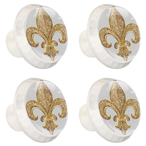 4 Pack White Cabinet Knobs Round Drawer Pulls, Fleur de Lis Iris Drawer Handles, Kitchen Hardware for Dresser Drawers Closets Cupboard Bathroom Bedroom Home Decor - color: Fleur de Lis Iris