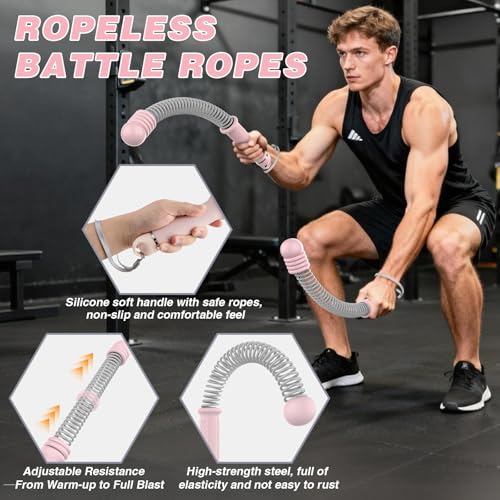 Ropeless Battle Ropes for Home Gym, Portable Cordless with Storage Bag & 8 Adjustable Weight Rings, Heavy Duty Fitness Rope for HIIT, Strength, High Calorie Burn & Low-Impact Cardio for Men & Women - color: Pink