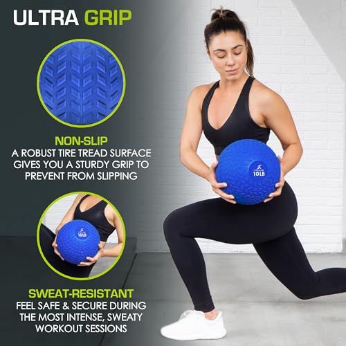 ProsourceFit Slam Medicine Balls 5, 10, 15, 20, 25, 30, 50lbs Smooth and Tread Textured Grip Dead Weight Balls for Strength and Conditioning Exercises, Cardio and Core Workouts - color: Blue, size: 10 LB