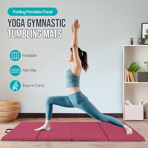 Gymnastics Mat - Tumbling & Exercise - 4 Folding - Indoor/Outdoor - Extra Thick - High Density - Yoga & Arts - color: BURGUNDY