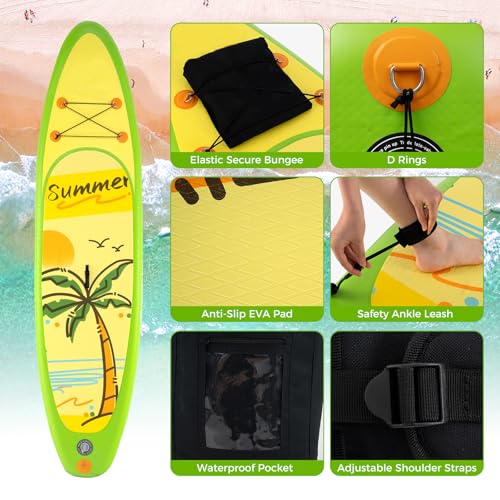 KOTEK 10FT/11FT Inflatable Paddle Board, SUP Paddleboard with Hand Pump, Safety Leash, Repair Kit, Carry Bag, Non-Slip EVA Deck, Stand Up Paddle Board for Youth & Adults - size: 11 FT, style: Green Coconut Tree