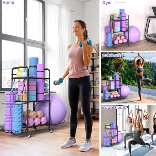 Home Gym Storage Rack Exercise Equipment Storage Organizer for Yoga Mat Dumbbells Kettlebells Foam Roller Yoga Strap & Resistance Bands, Ideal Yoga Mat Holder & Workout Equipment Organizer - color: Black