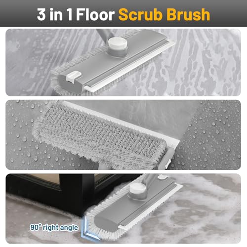3 in 1 Floor Scrub Brush with Long Handle & Squeegee | Heavy-Duty, Adjustable, 360° Rotating Head for Cleaning Tile Bathroom Deck Kitchen Patio, Gray - color: Gray