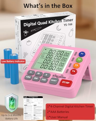 Digital Kitchen Timer with 4 Channel, Loud Alarm and Silent Mode | Magnetic Cooking Timer with Count Up & Countdown for Kids and Seniors, Large Display to Read, Auto Memory, Battery Included - color: Pink