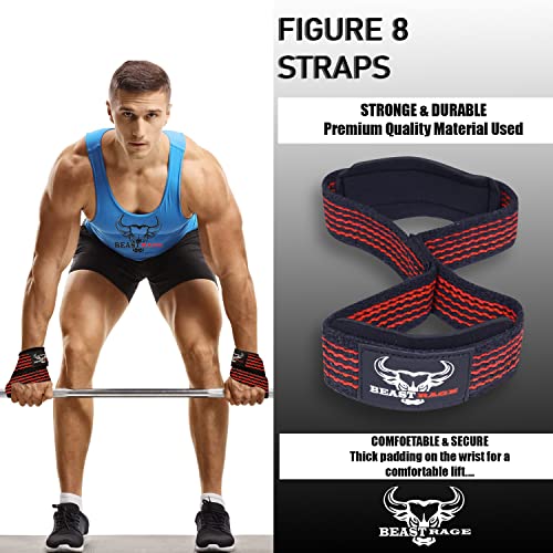 BEAST RAGE Heavy Duty Lifting Wrist Straps for Weightlifting, Figure 8 Loop Powerlifting Deadlift Strap Wraps Weights Padded Support Professional Fitness Gym Bodybuilding - color: Red