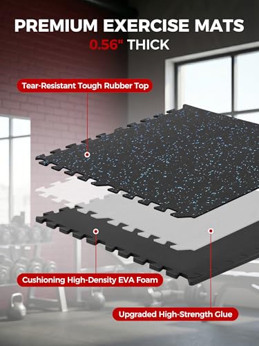 0.56in Thick 48 Sq Ft Exercise Equipment Mats, 12 Tiles Rubber Top EVA Foam Workout Mats, Interlocking Gym Flooring for Home Gym, 24 x 24in, Black & Blue - color: Black/Blue, size: 12 Tiles (48 Sq Ft)