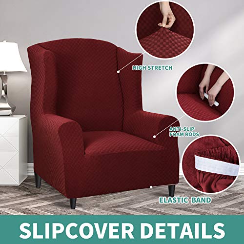 YEMYHOM 1 Piece Stretch Wingback Chair Slipcover Latest Jacquard Design Wing Chair Cover Non Slip Furniture Protector with Foam Rods for Living Room (Wing Chair, Christmas Wine Red) - color: Christmas Wine Red, size: 1 Pack - Wing Chair