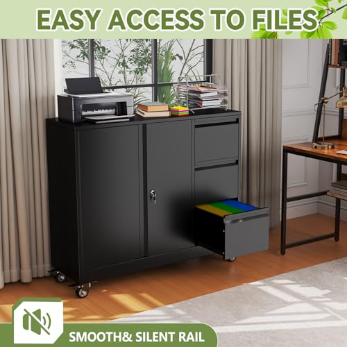 Mobile Large Lateral File Cabinet 3-Drawer,Home Office Rolling Filing Storage Cabinets with Lock & Wheels,Metal Printer Stand Office Storage A4,Letter Legal File Folders,Black - color: Black, size: 3Draws