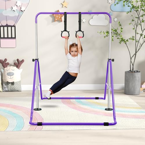 Expandable Gymnastics Bars with Ring, Adjustable Height Gymnastic Horizontal Bars, Gym Junior Training Bar Children Folding Training Monkey Bars for Kids - color: Purple