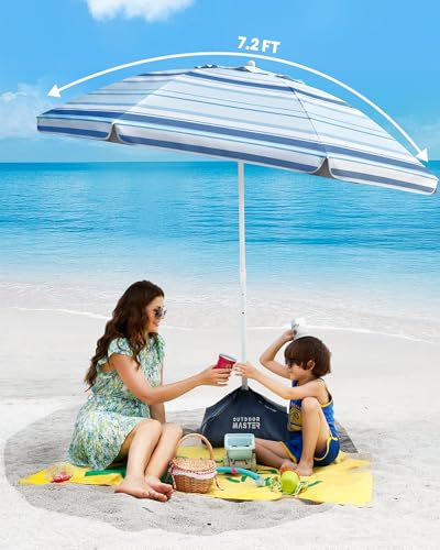 OutdoorMaster 7.2ft Beach Umbrellas for Sand with Sandbag & Anchor | 7.2ft Adjustable Umbrella for Beach, Wind Resistant, Portable UPF50+ Sunshade with Carry Bag for Patio - color: Cyan Striped