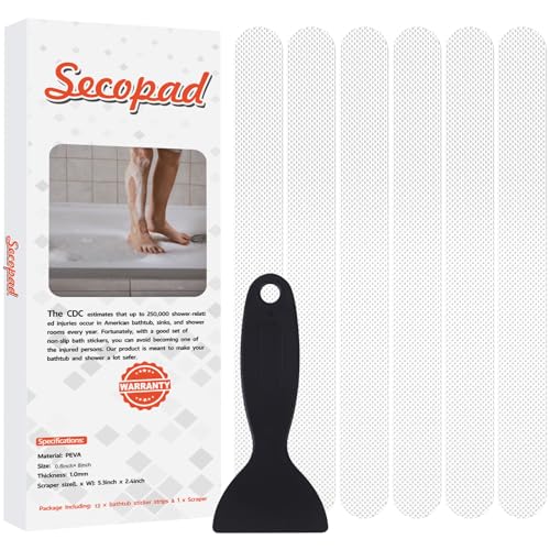 Secopad Original Anti-Slip Shower Stickers for Bathtub & Shower Floor, Strong Adhesive Safety Strips with Scraper Ideal for Families with Kids, Adults & Seniors, 12 PCS (White) - color: White