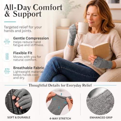 Vive Arthritis Gloves - Men, Women Rheumatoid Compression Hand Glove for Osteoarthritis- Arthritic Joint Pain Relief - Carpal Tunnel Wrist Support - Open Finger, Fingerless Thumb for Computer Typing | Osteoarthritis- Arthritic Joint Pain Relief - Carpal T