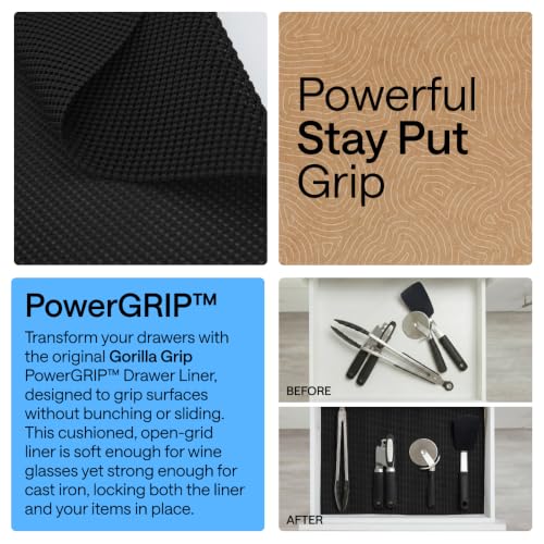 GORILLA GRIP powerGRIP Drawer Shelf and Cabinet Liner, Thick Strong Hold, Non-Adhesive Liners Protect Kitchen Cabinets and Cupboard, Bathroom Drawers, Easy Install, Breathable Mat, 12" x10', Black - color: Black, size: 12" X 10', style: 12" x 10'