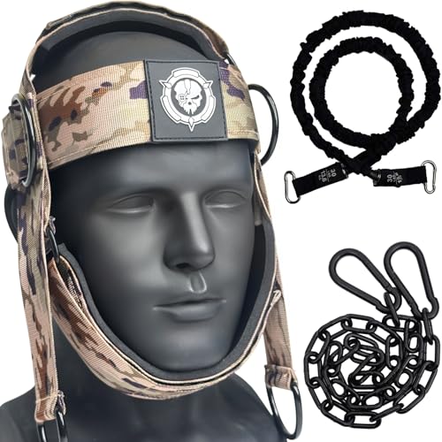 Neck Harness for Increases Neck Core Strength - Neck Exerciser with 30" Heavy Duty Steel Chain for Safely Lifting Weights Up to 280 lbs - color: Desert Camo
