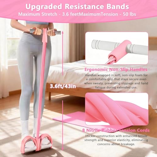 Pedal Resistance Band with Handle, 8-Tubes Multifunction Pedal Resistance Band, Natural Rubber Foot Pedal Resistance Band, Exercise Bands with Handles for Abdomen, Waist, Arm, Leg, Pink