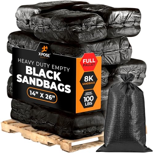 Xpose Safety Heavy Duty Sand Bags with Tie Strings – Empty Woven Polypropylene Sandbags for Hurricane Flood Protection, 100 lb Capacity, 14" x 26", Black, Bulk Full Pallet Pack of 8000 - color: Black, size: 8000 Sandbags (Full Pallet)