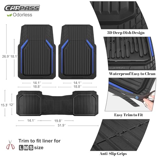 CAR PASS Heavy Duty Rubber Floor Mats for Car, Waterproof Liner Deep Dish Car Mats Full Sets, Universal Trim to Fit for SUV Truck Sedans Vans, All Weather Automotive Floor Mats 3pcs, Black Blue - color: Blue Black