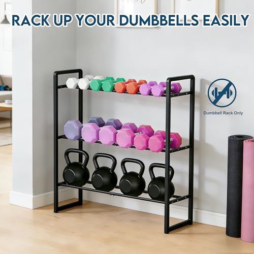 3 Tier Dumbbell Rack, 330 lb Capacity Weight Rack for Home Gym, Stand Only | Adjustable 3.4-7.8 in. Spacing fits Dumbbells & Kettlebells, Stable Metal Construction, Leveling Feet, Easy Assembly