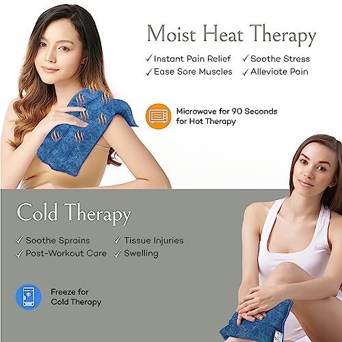 SacksyThyme Microwave Heating Pad for Back, Neck, Menstrual Cramps, Shoulders, Leg Pain Relief - Hot Moist Microwavable Therapy Pack - Blue Unscented Flaxseed Heat Pad Made in USA (Size: 18” x 7”) - size: 18” x 7”