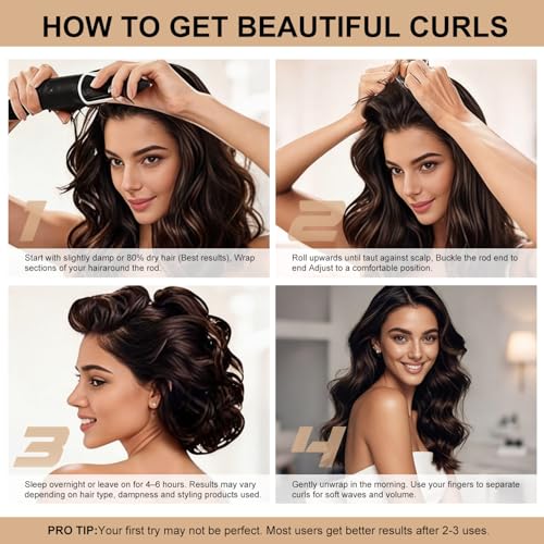 Heatless Curls Overnight Hair Care Set - Jumbo Velvet Hair Curlers | No Heat Hair Rollers for Women, Comfortable Sleep-In Hair Rollers with Satin Scarf, No Heat Damage Curling Rods for All Hair - color: Kahki-6PCS